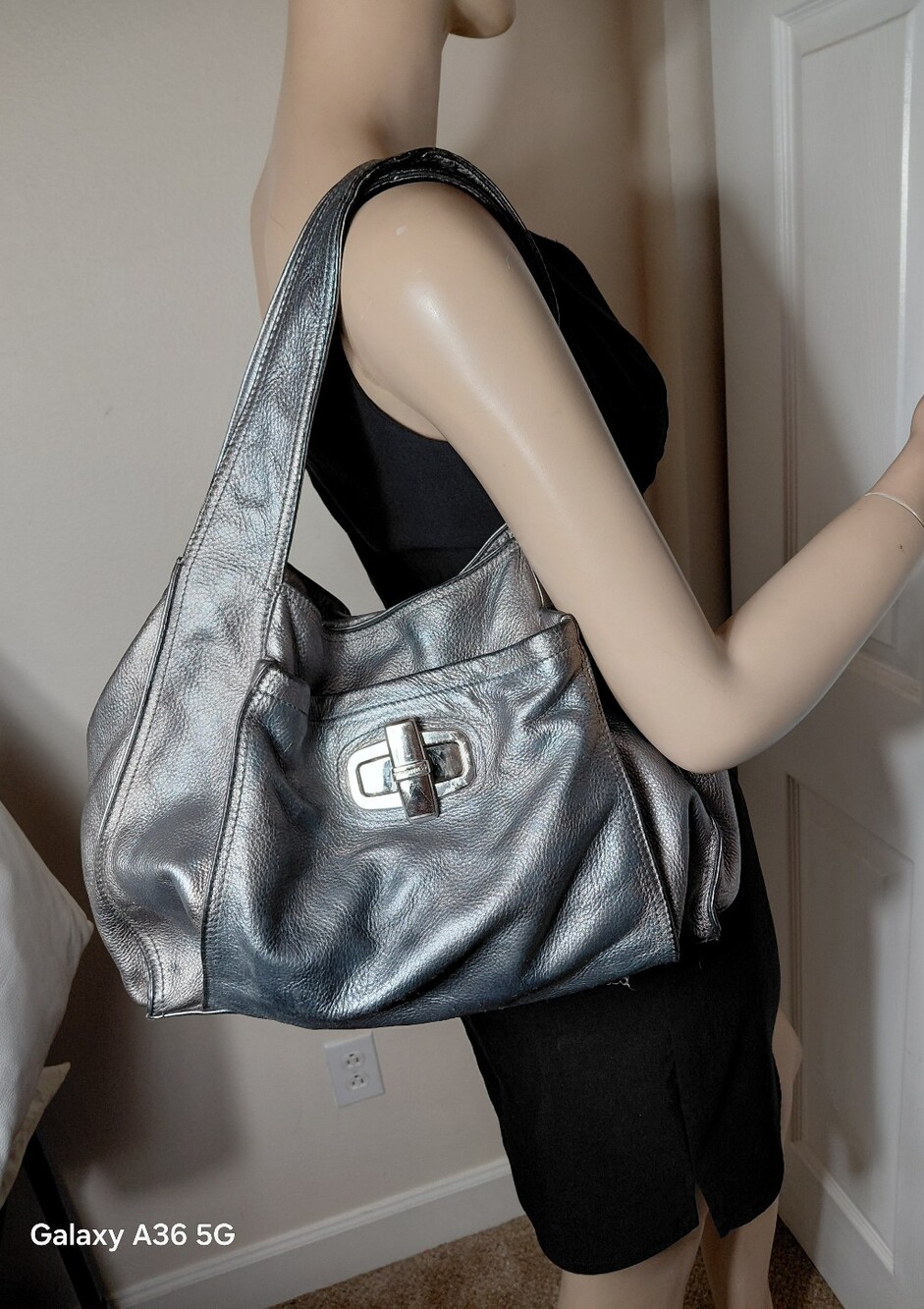 B. MAKOWSKY LEATHER METALIC PEWTER HOBO BAG